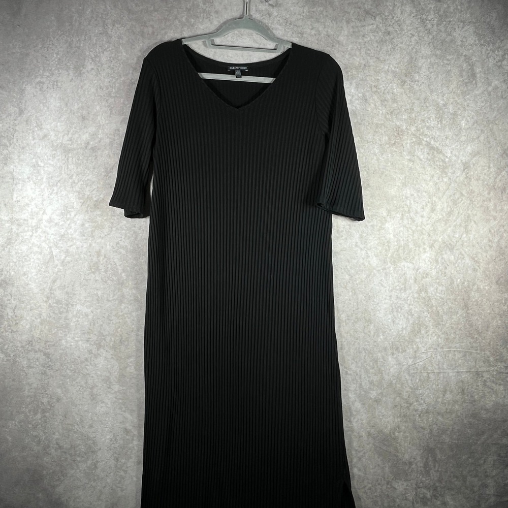 Eileen Fisher Maxi Dress Womens Medium Black Rib Knit Short Sleeve Side Slit